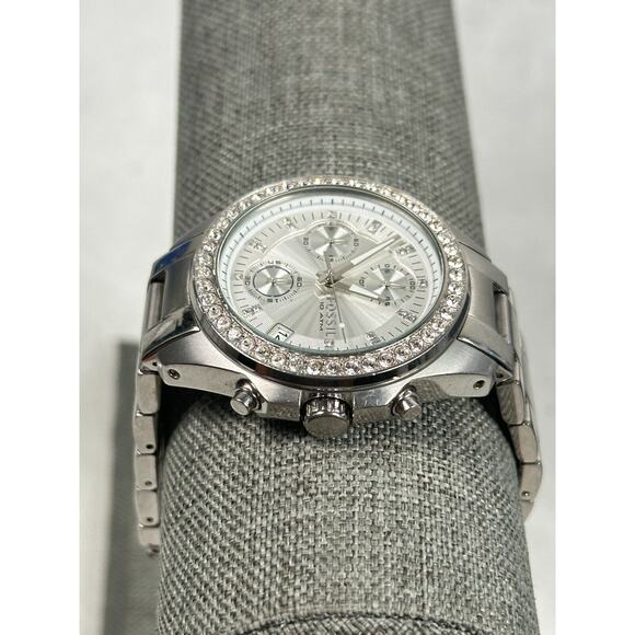 Fossil Watch Womens 37mm Pave Bezel Decker Chrono Date Silver Tone New Battery - Picture 3 of 11